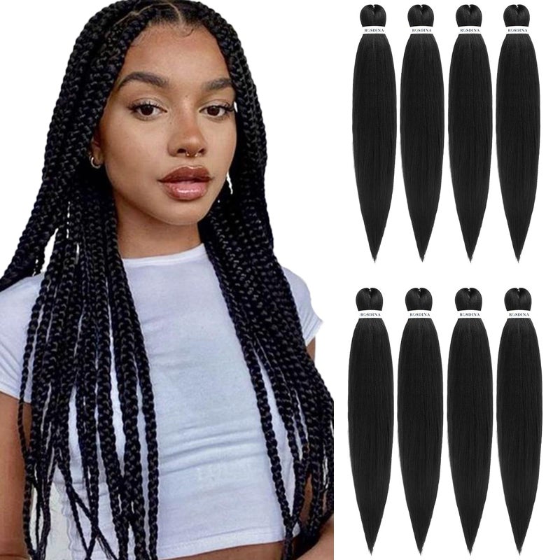 ROSDINA Prestretched Braiding Hair  28 Inch 8 Packs Natural Black Super Long Braiding Hair For Twist or Box Braids Yaki Texture Hot Water Setting Synthetic Braiding Hair Extensions 28 Inch 1B8P
